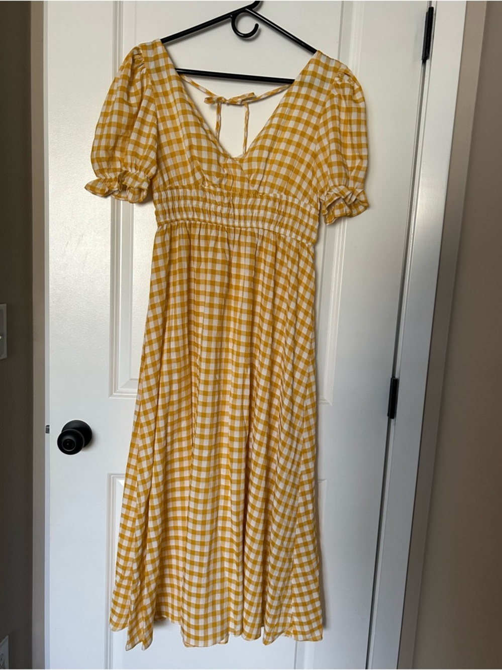 Golden Yellow Gingham Midi Dress with Puff Sleeves